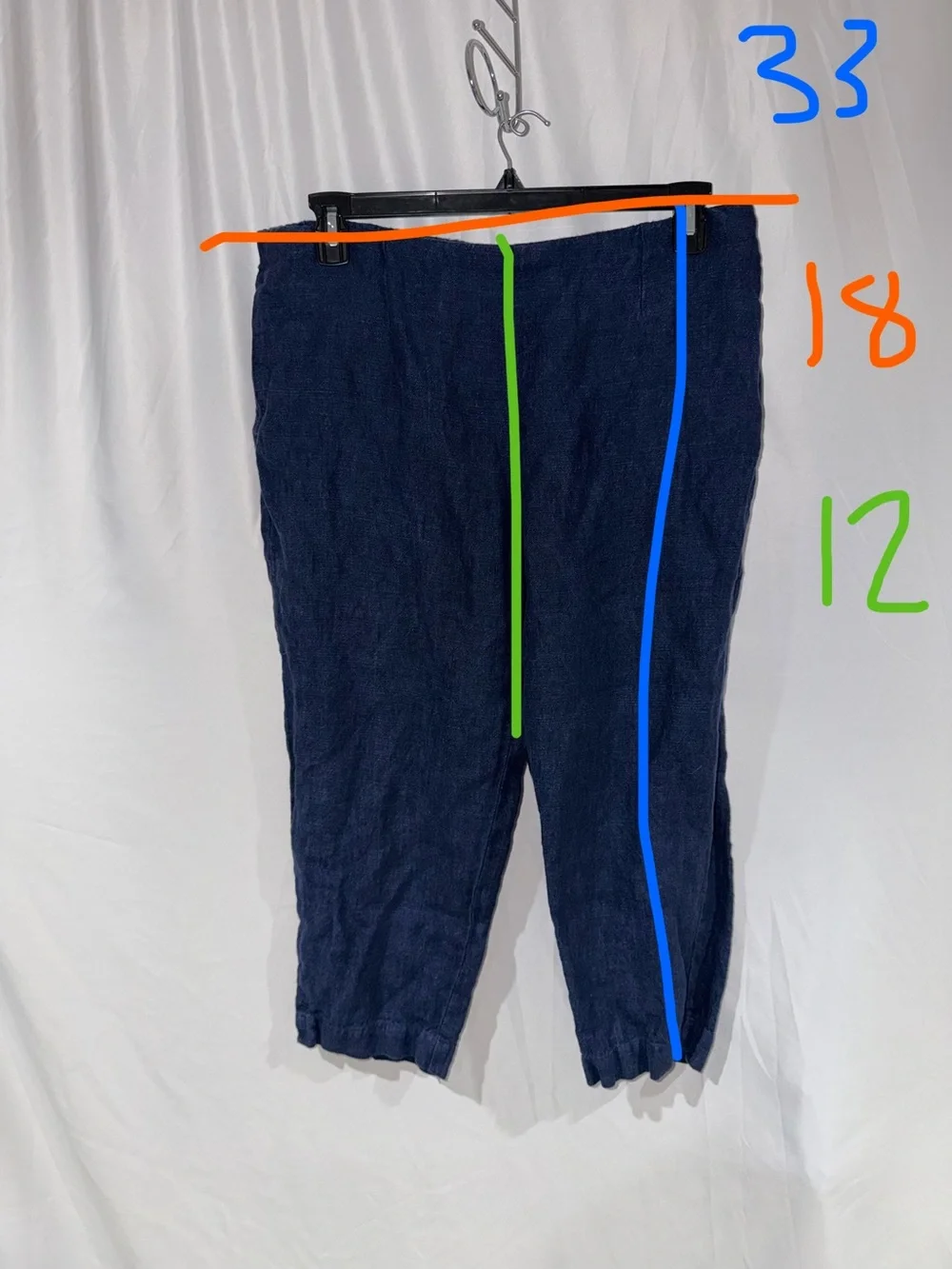 Pure Jill Pants Linen Blue Navy Pull On Elastic Straight Leg Ankle Bottoms M